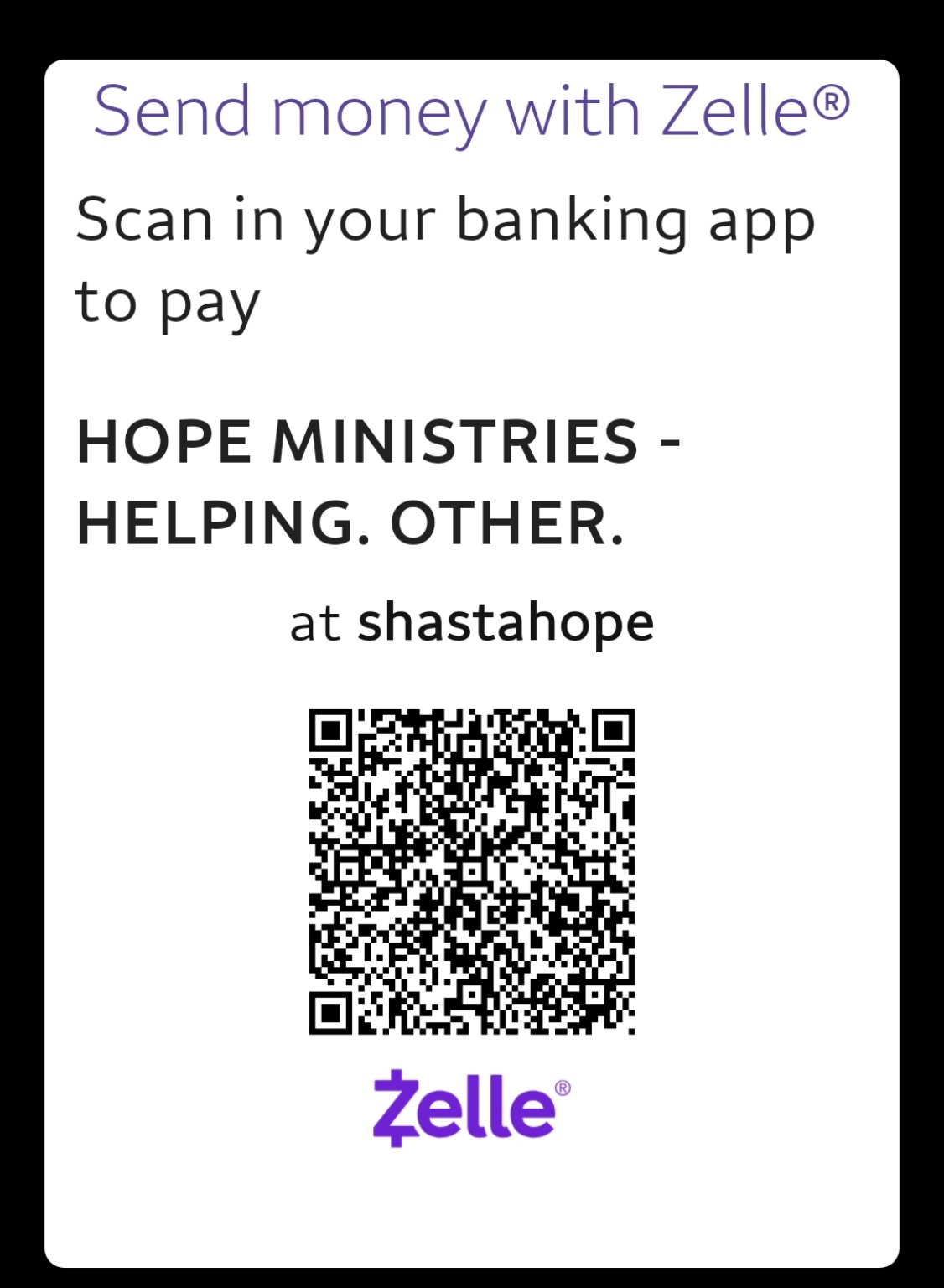 Zelle QR code for Hope Ministries